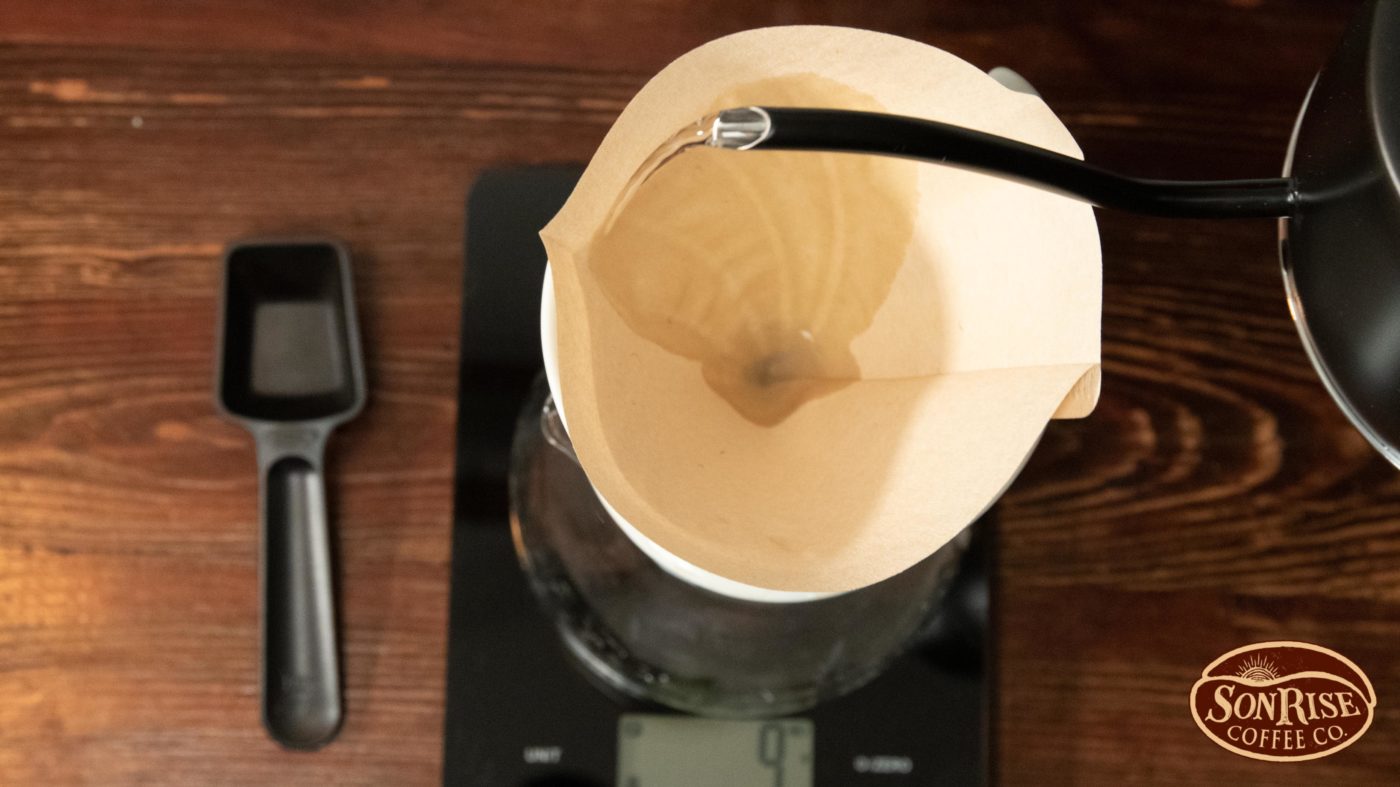 how to brew pour over coffee prerinse filter